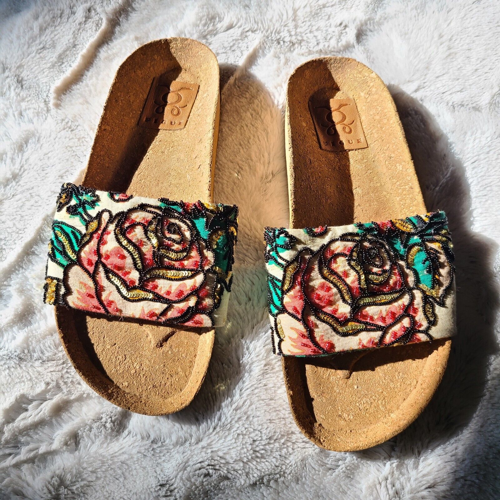 Figue Beaded Sequinned Rose Pattern Slide Sandal … - image 1