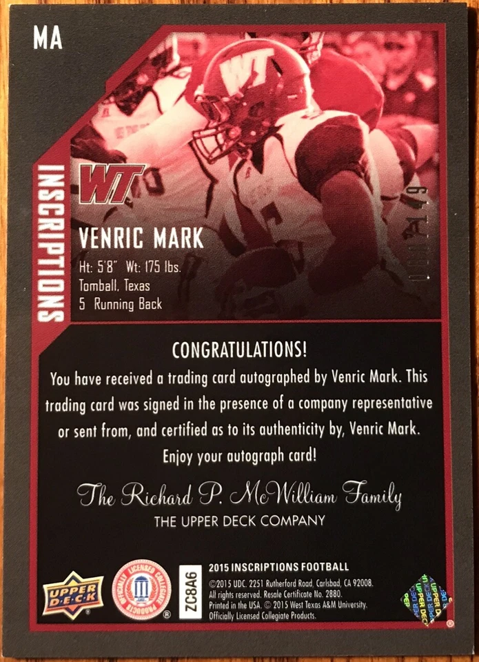 2015 Upper Deck Inscriptions RED Venric Mark #MA West Texas A&M Buffaloes - Image 2 of 3