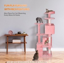 55" Cat Tree Multi-Levels Condos Scratching Post Tower Play House, Plush Pink