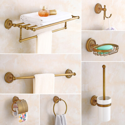 7Pcs Antique Bathroom Accessories Restroom Hardware Carved Brass Towel Bar
