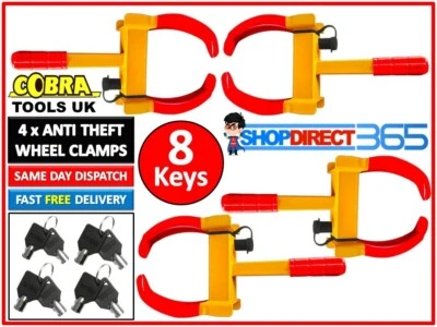 COBRA 4 x Morsetto Ruota Resistente Antifurto Blocco Sicurezza Pneumatici Caravan 8 Chiavi 20-40