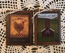 5 Wooden PRiM Hang Tags/Ornaments/Bowl Fillers CROW, PEAR, CHURCH, CHICKEN SETk