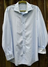 Bugatchi Uomo Blue Pinpoint White Embroidery Shirt-Flip Contrast Cuff-17 34/5