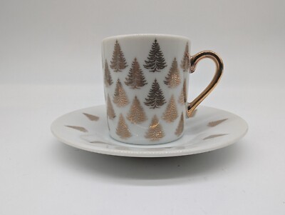 Set of 4 Christmas Tree Espresso Cup Saucer Gold Leaf Trees Centurion Collection