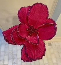 Set Of 3 Beaded Hot Pink Fuchsia Velvet Magnolia Flower Stems Picks, 11 x 20