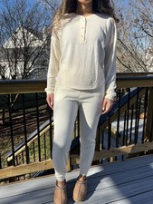 Ivory Henley Style Waffle Knit Jogger Lounge Set in Size Medium