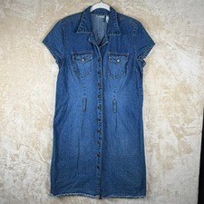 Vintage 90s Faded Glory Womens 16 Denim Button Down Dress Med Dk Wash Raw Hem