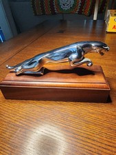 Vintage 7-12 Chrome Jaguar Car Hood Ornament Mounted On Wooden Base