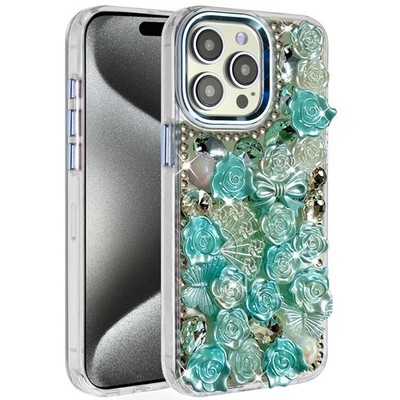 For iPhone 15 Pro Max Case Roses Arrangement 3D Bling Cover + 2 Tempered Glass