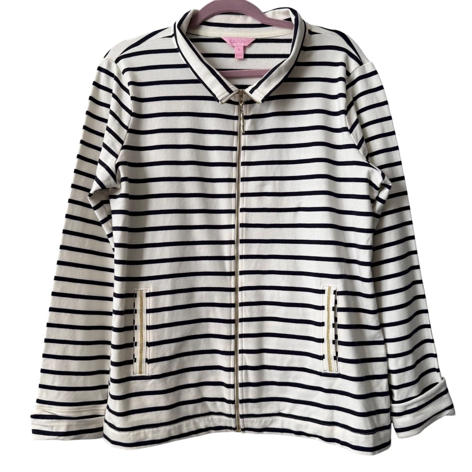 Chaqueta Lilly Pulitzer Bennett a Rayas Cremallera XL | Azul Marino y Blanco | Ligera | Nueva sin Etiquetas Foto 3 de 4