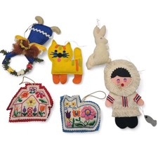 Vtg Lot 6 Soft Felt Bucilla Ornaments Embroidered Floral Cat Bunny Eskimo Angel