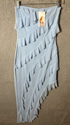 PrettyGarden NWT Strapless Tube Ruffle Asymmetric Maxi Dress Women's S Blue