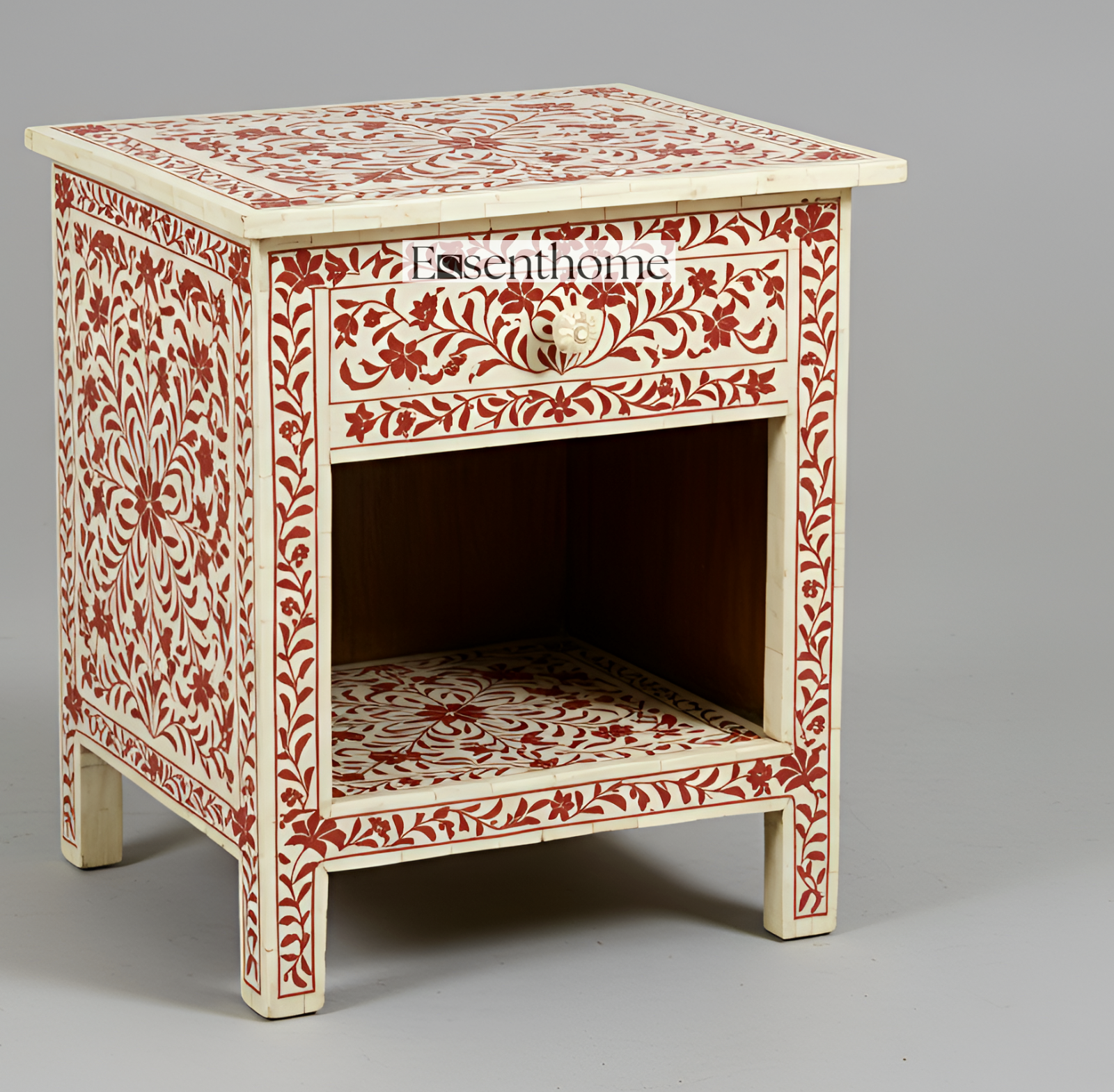 Red Cream Floral Bone Inlay Handmade Indian Accent Cabinet with 2 Drawers
