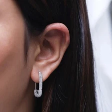 14K White Gold Plated 2 Ct Round Real Moissanite Safety Pin Huggie/Hoop Earrings