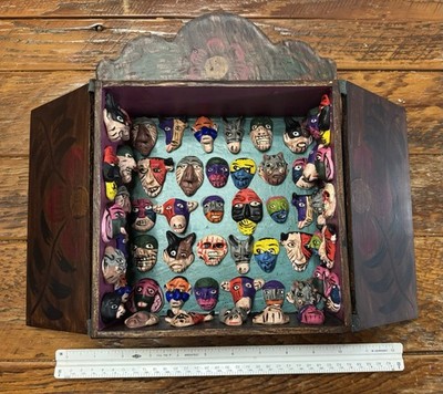 Authentic Handpainted Peruvian Diorama Retablo Wooden Box with Masks Cusco Peru 