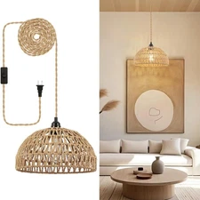 Boho Plug in Pendant Light, Rattan Hanging Lamp, Wicker Lampshade with Switch...