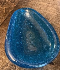 Recycled Blown Amoeba Style Glass Ashtray ~ Air Bubbles Aqua Blue Color ~ EUC