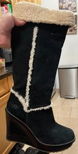 UGG AUSTRALIA AUBRIE TALL SHEARLING SUEDE BLACK WEDGE HEELED BOOTS SHEEPSKIN 9