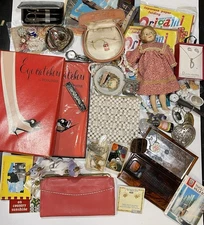Estate Junk Drawer Lot Doll Postcards Purse Wallet Jewelry Salt Pepper Vintage