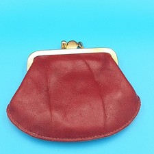 Vintage Red Genuine Leather Kiss Lock Coin Purse Wallet Gold Tone Frame