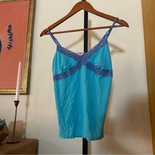 Y2K Victoria's Secret PINK Lace Trim Babydoll Tank Top Cami Blue Vintage '04 M/L
