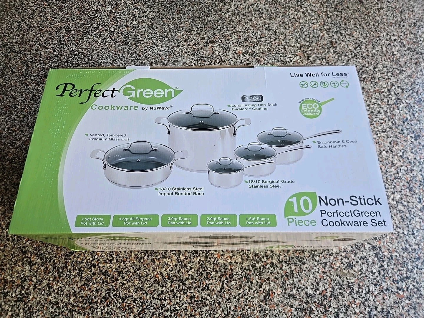 NUWAVE Perfect Green 10 PC Set Cookware Duralon Pans Glass Lids Non-Stick NEW