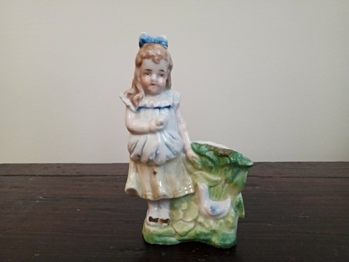 Vintage Victorian Girl Feeding Duck Figurine Vase/Planter Germany