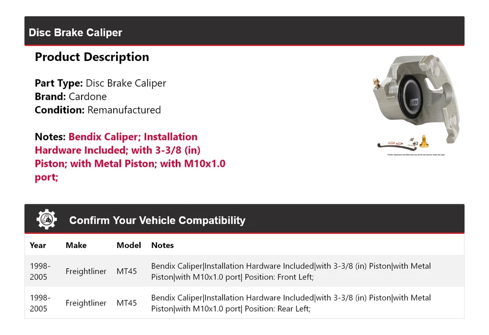 Pinza de freno de disco Cardone para Freightliner MT45 1998-2005 1999 2000 2001 2002 Foto 2 de 4