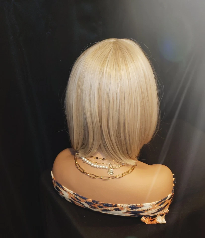 Platinum Blonde Wig Human Hair Blens Short Straight Bob Bangs Layers Natural - Image 4 of 4