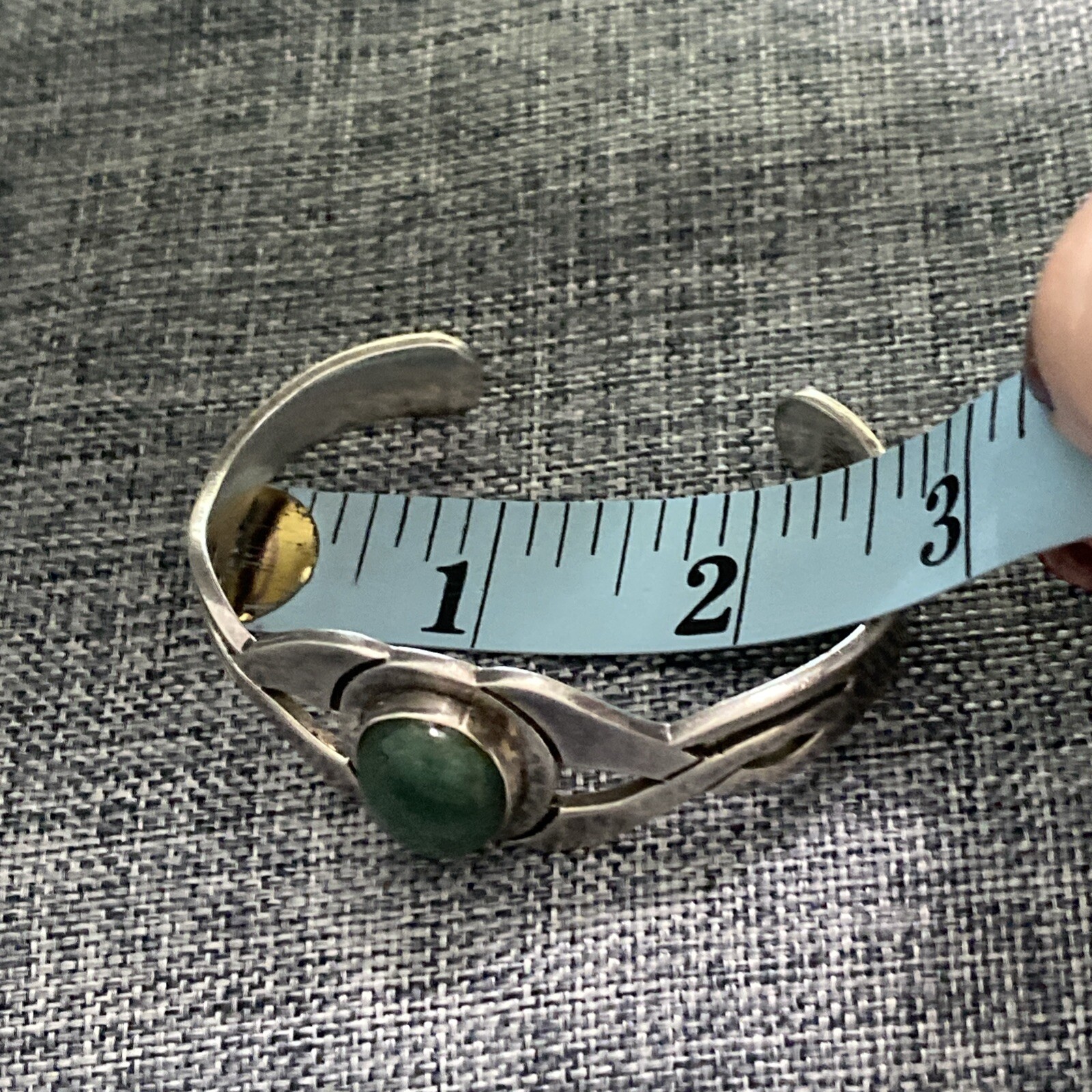 VTG Sterling Silver Solid Cuff Bracelet Oval Gree… - image 7
