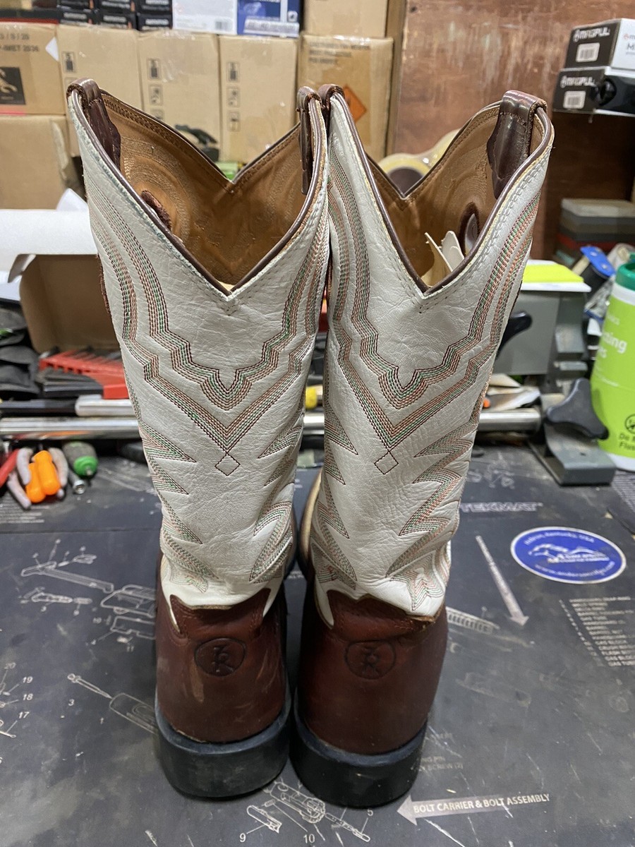 Tony Lama 3R Brown Square Toe White Top Boots 2 Tone RR4007 Mens