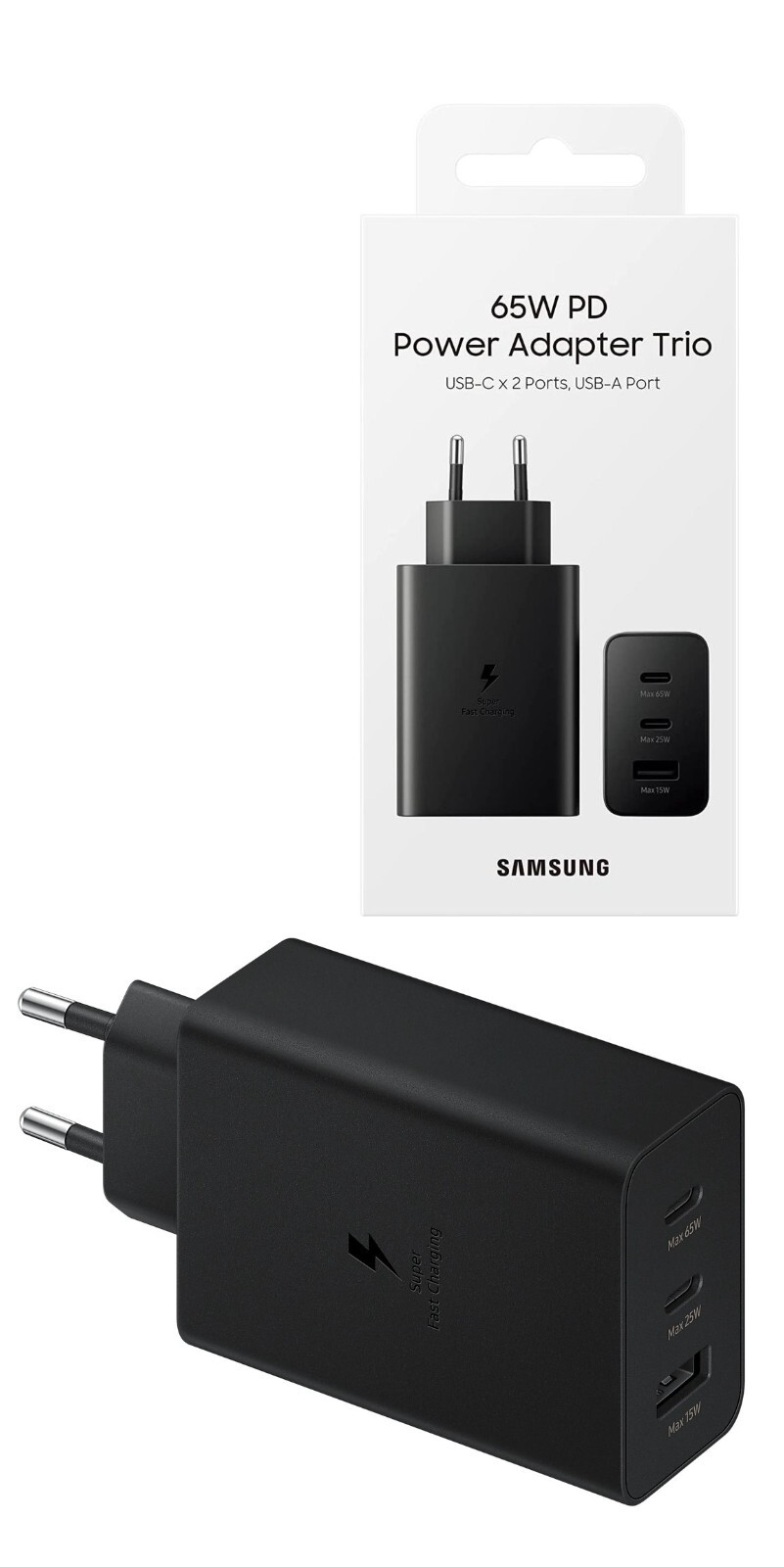 Samsung Caricabatterie 65W Trio EP-T6530 2 USB-C + USB-A per Galaxy Z FLIP 2/3/4