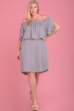RUFFLE LAYER OFF THE SHOULDER GRAY MINI DRESS