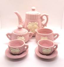 Minature Child's Bisque Ceramic Tea Set - 9 Piece - Pink - Complete