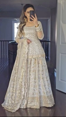IN BRIDALFASHION Designer Lehenga Choli Leinen & Satin Party Hochzeit Suit Weiß - Bild 1 von 4