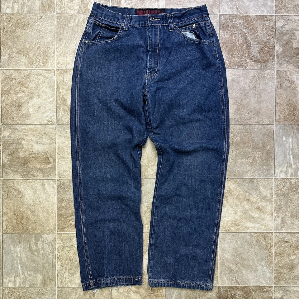 Винтажный MODA джинсы выцветший синий мешковатые Skater брюки Y2K гранж мужской 34 x 32 - Изображение 2 из 4