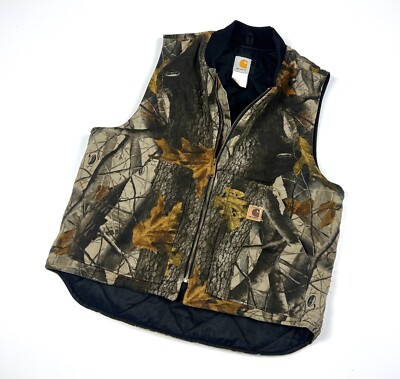 Vintage Men's CARHARTT Camo Print Quilt Lined Gilet Vest Casual