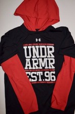 EUC UNDER ARMOUR BOYS RED BLACK HOODED LONG SLEEVE LOOSE FIT T SHIRT SIZE LARGE