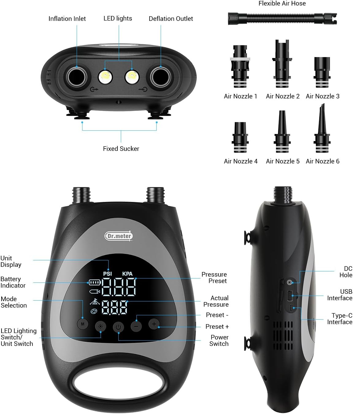 10000Mah Rechargeable Paddle Board Pump, 20PSI High Pressure Battery & Car Adapt