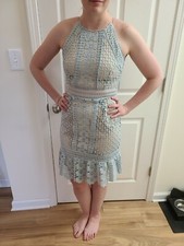 David's Bridal fitted dusty blue lace dress