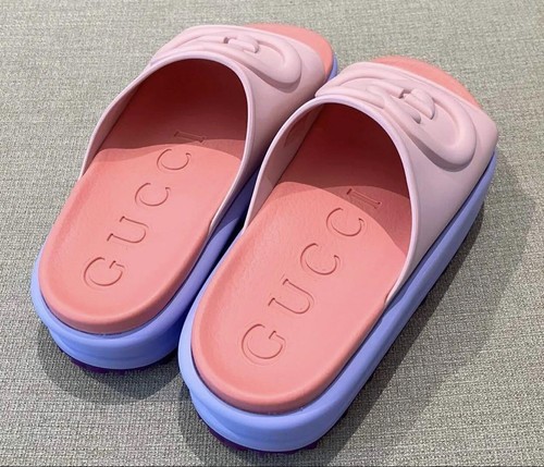 Auténticas sandalias GUCCI planas GG Slide talla 36 US6 rosa púrpura logotipo goma para mujer - Imagen 11 de 24