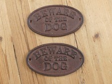 2 BEWARE OF THE DOG SIGNS PAINT CHIPPED RUSTIC DECOR GATE SIGN CAST IRON