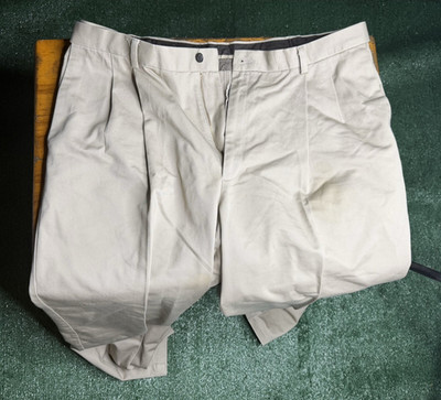 Haggar E-CLO Beige Herringbone Classic Fit Flat Front Straight Pants 38 Pockets