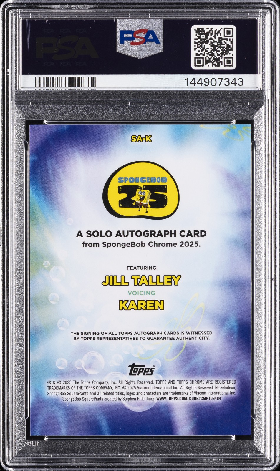 2025 TOPPS CHROME SPONGEBOB 25TH ANNIVERSARY SOLO AUTOS JILL TALLEY/KAREN PSA 10 view 2