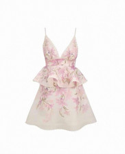 Zimmermann 2025 New Pink Floral Print Ruffle Embellished V-Neck Cami Mini Dress