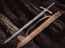 Espada Templaria de Acero Damasco: Réplica de Caballero Medieval con Funda de Cuero