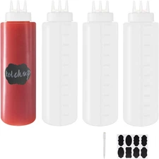 32 oz Squeeze Bottles 4 Pack – 3-Hole Condiment Dispensers with Chalk Labels