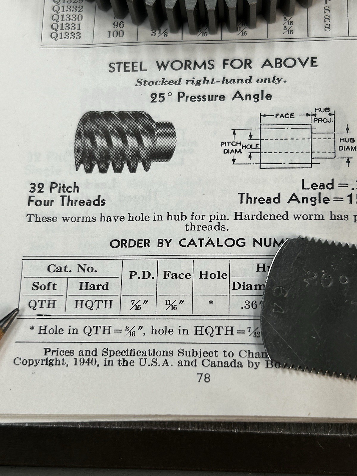QTH BOSTON GEAR STEEL 32 PITCH WORM GEAR 4 LEADS 3/16” BORE WITH 5/64” PIN HOLE