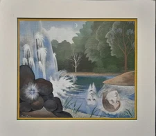 PAUL DAVIS(1938) NY SURREALIST PAINTING MIX MEDIA "LAKE REFLECTIONS/MAN/WOMAN"