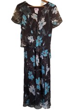 R&K Originals Dress Womens 12 Dark Brown Floral Maxi V-Neck Chiffon Layered